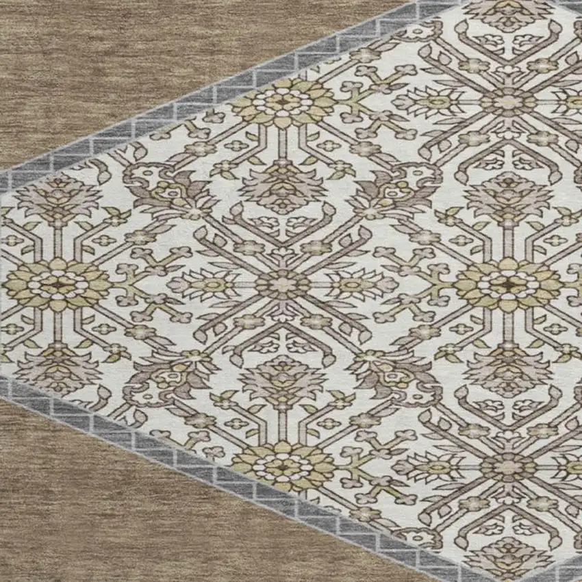 8' Brown Beige And Gray Oriental Washable Round Rug With UV Protection Photo 2