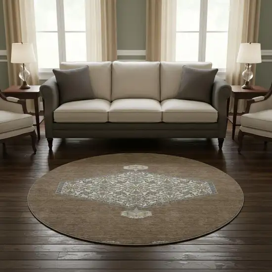 8' Brown Beige And Gray Oriental Washable Round Rug With UV Protection Photo 2