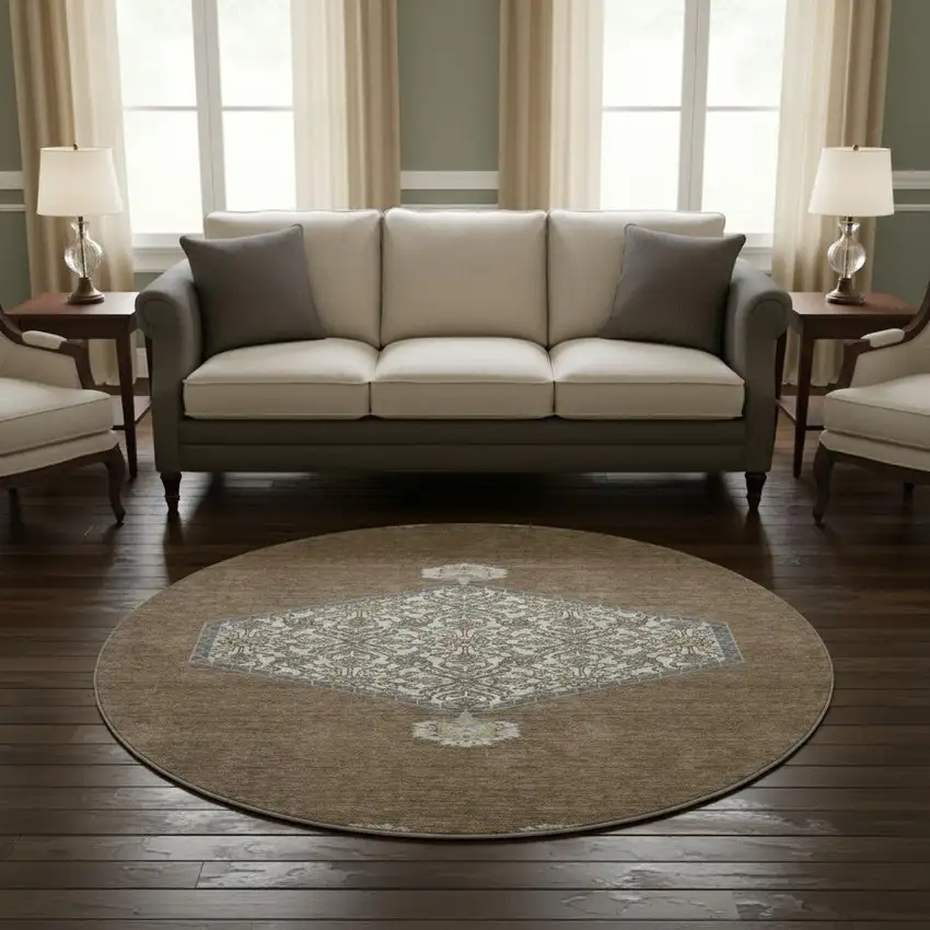 8' Brown Beige And Gray Oriental Washable Round Rug With UV Protection Photo 2