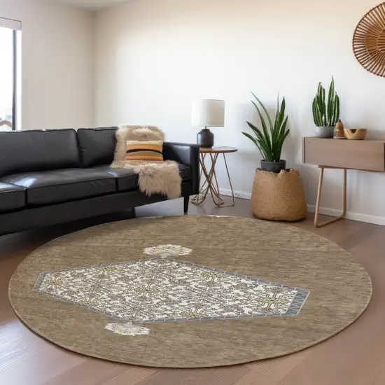 8' Brown Beige And Gray Oriental Washable Round Rug With UV Protection Photo 4