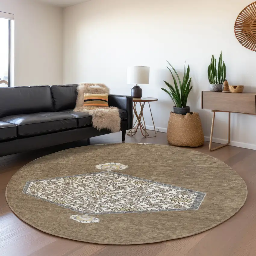 8' Brown Beige And Gray Oriental Washable Round Rug With UV Protection Photo 4