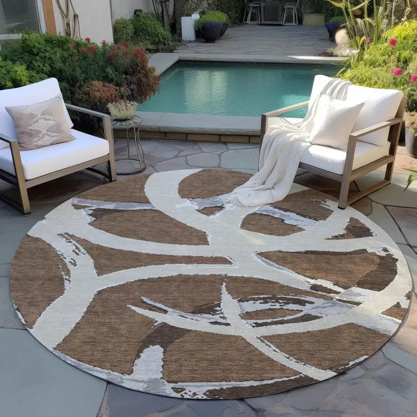 8' Brown Beige And Gray Round Abstract Washable Indoor Outdoor Area Rug Photo 7