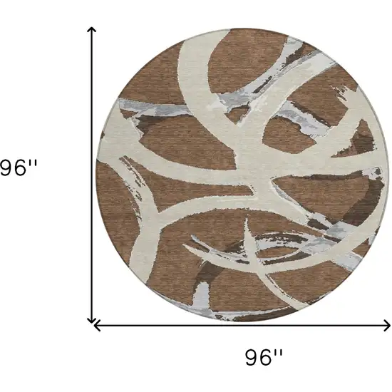 8' Brown Beige And Gray Round Abstract Washable Indoor Outdoor Area Rug Photo 3