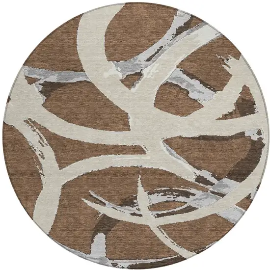 8' Brown Beige And Gray Round Abstract Washable Indoor Outdoor Area Rug Photo 5
