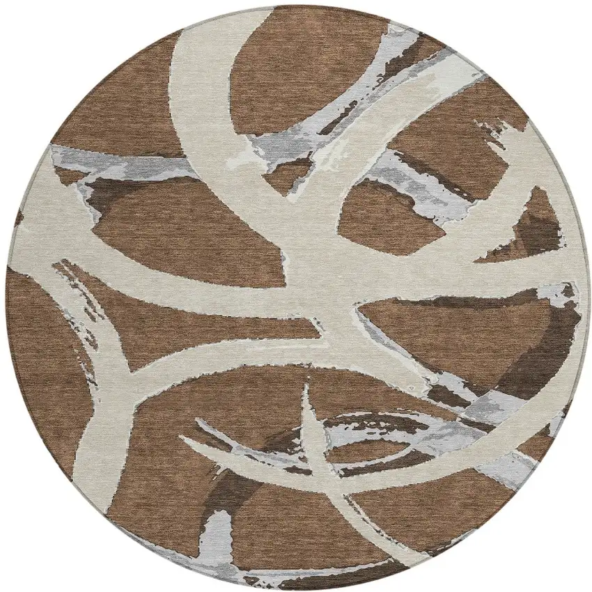 8' Brown Beige And Gray Round Abstract Washable Indoor Outdoor Area Rug Photo 5