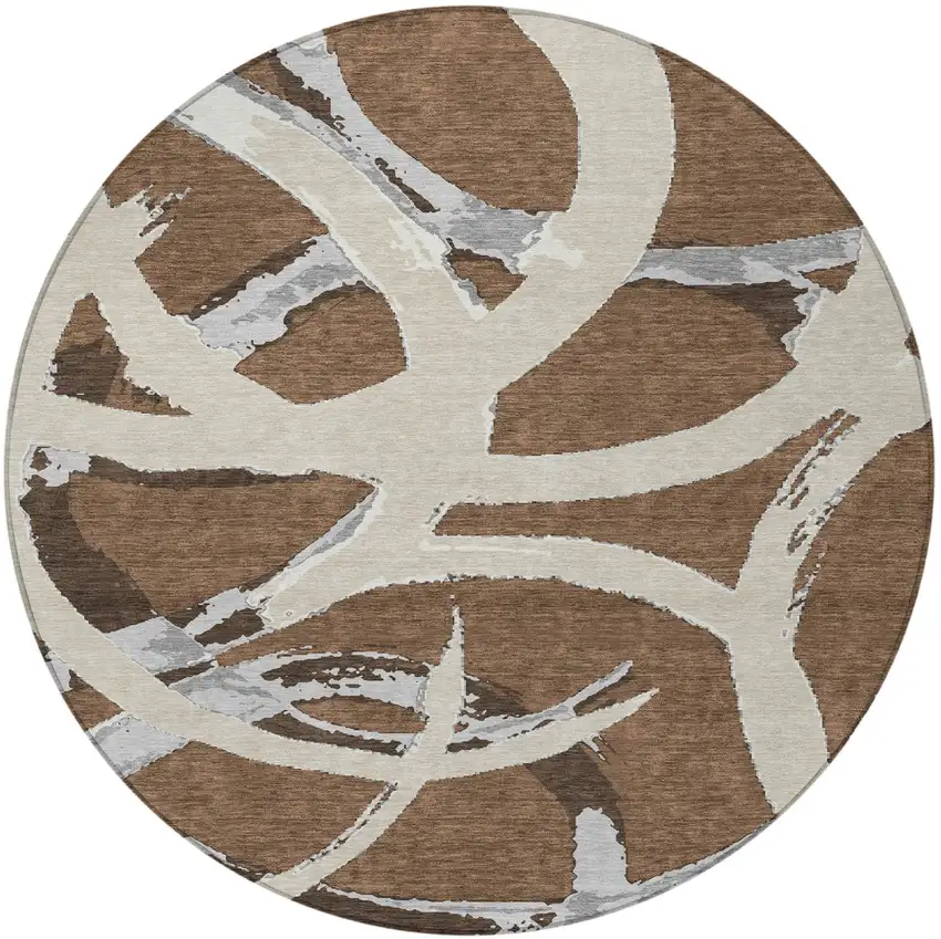 8' Brown Beige And Gray Round Abstract Washable Indoor Outdoor Area Rug Photo 6