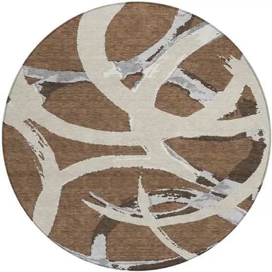 8' Brown Beige And Gray Round Abstract Washable Indoor Outdoor Area Rug Photo 2
