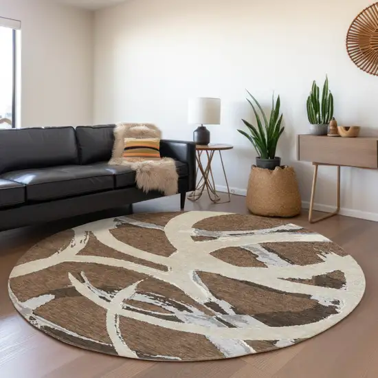 8' Brown Beige And Gray Round Abstract Washable Indoor Outdoor Area Rug Photo 8