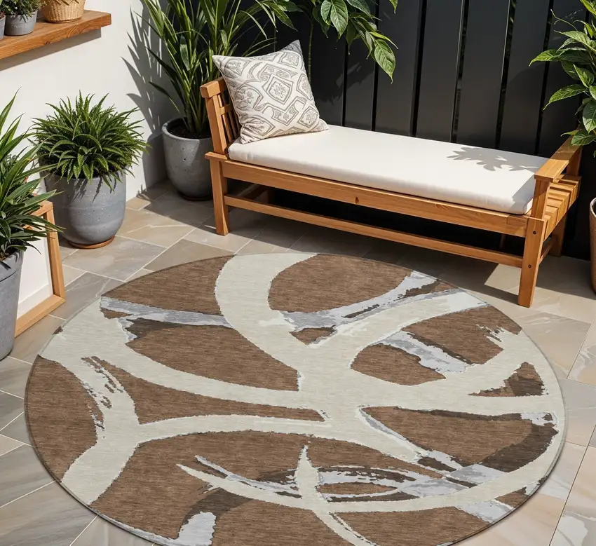 8' Brown Beige And Gray Round Abstract Washable Indoor Outdoor Area Rug Photo 1
