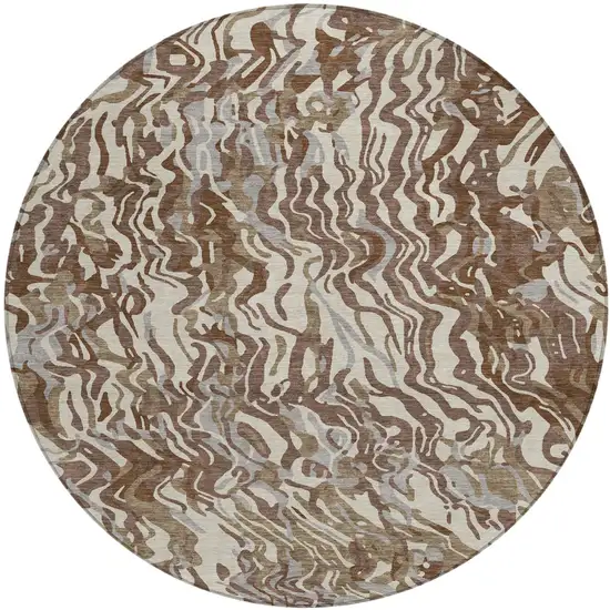 8' Brown Beige And Gray Round Abstract Washable Indoor Outdoor Area Rug Photo 2