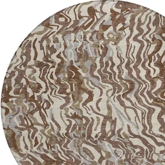 8' Brown Beige And Gray Round Abstract Washable Indoor Outdoor Area Rug Photo 4