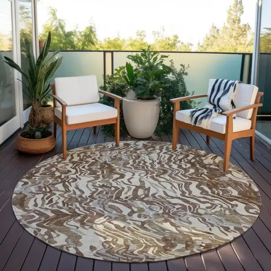 8' Brown Beige And Gray Round Abstract Washable Indoor Outdoor Area Rug Photo 6