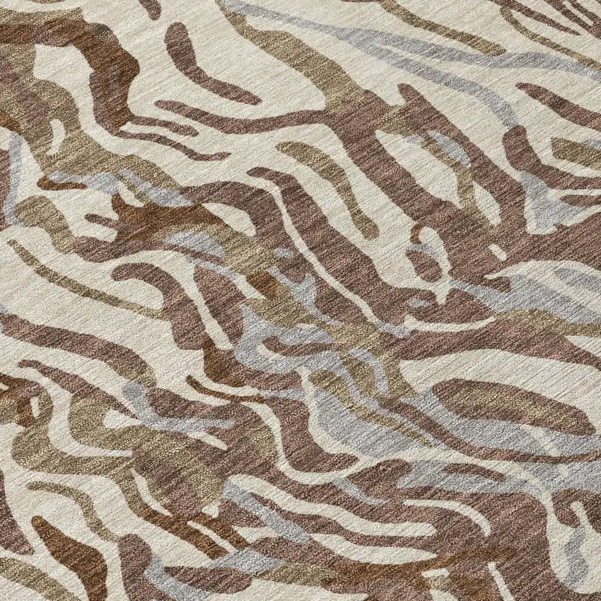 8' Brown Beige And Gray Round Abstract Washable Indoor Outdoor Area Rug Photo 8