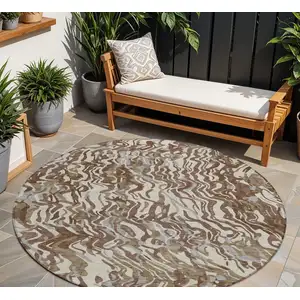 Photo of 8' Brown Beige And Gray Round Abstract Washable Indoor Outdoor Area Rug