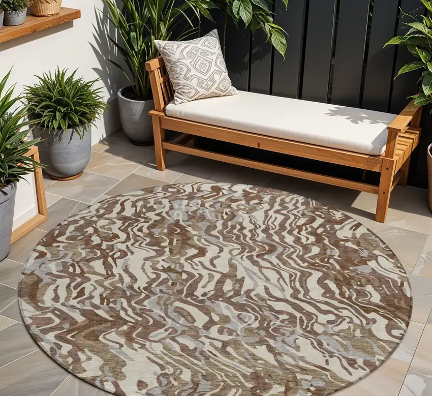 8' Brown Beige And Gray Round Abstract Washable Indoor Outdoor Area Rug Photo 1