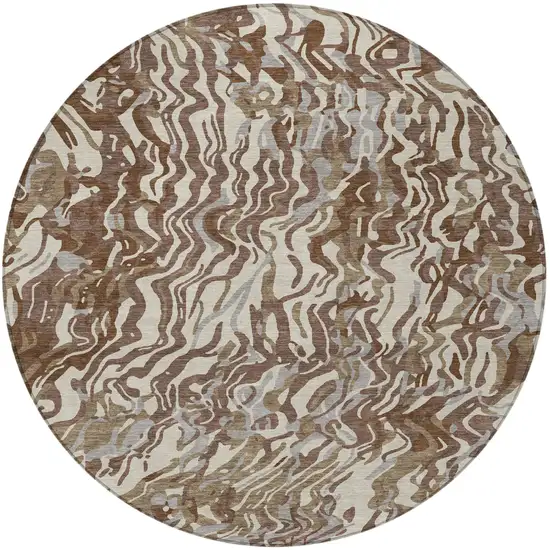 8' Brown Beige And Gray Round Abstract Washable Indoor Outdoor Area Rug Photo 5