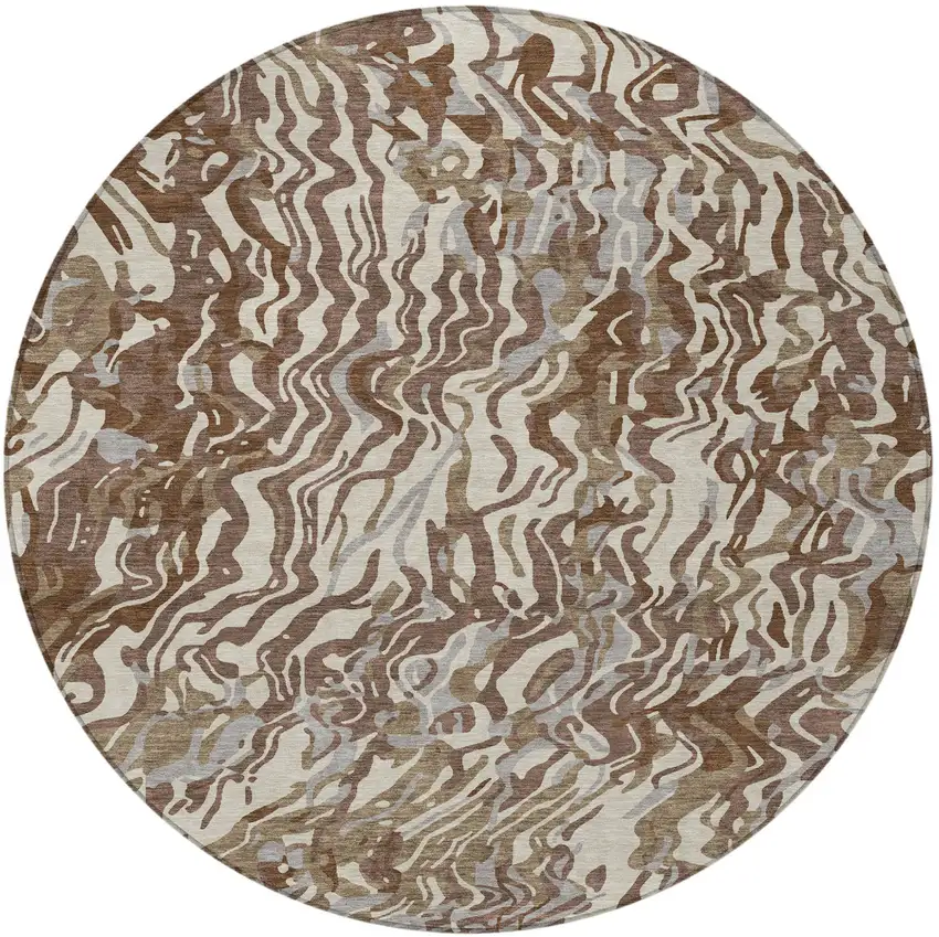 8' Brown Beige And Gray Round Abstract Washable Indoor Outdoor Area Rug Photo 5