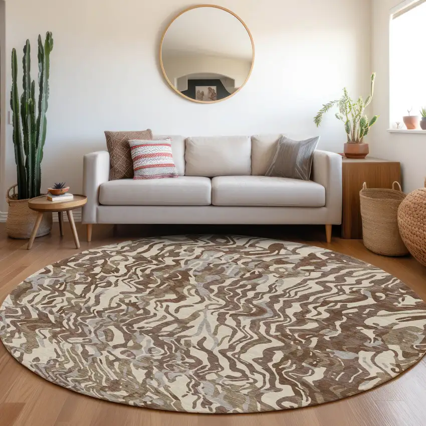 8' Brown Beige And Gray Round Abstract Washable Indoor Outdoor Area Rug Photo 7