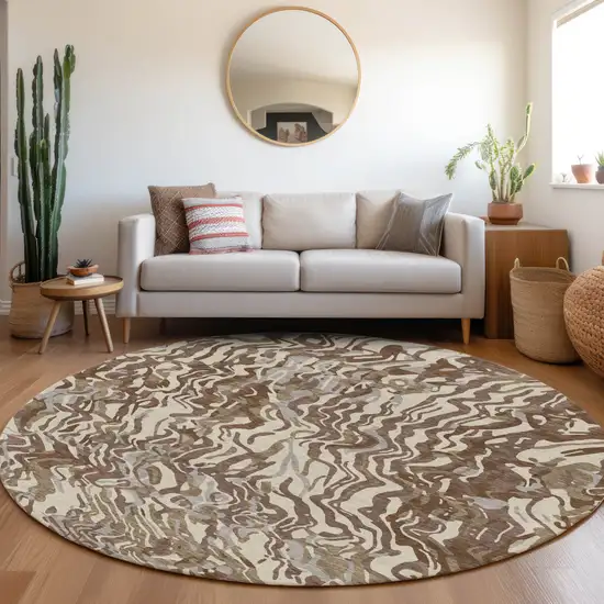 8' Brown Beige And Gray Round Abstract Washable Indoor Outdoor Area Rug Photo 7