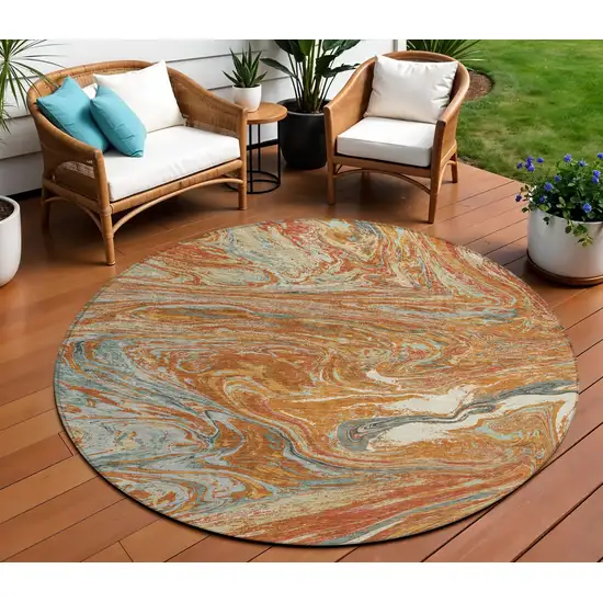 8' Brown Beige And Gray Round Abstract Washable Indoor Outdoor Area Rug Photo 1