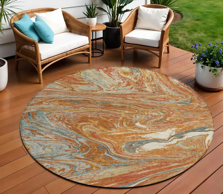 8' Brown Beige And Gray Round Abstract Washable Indoor Outdoor Area Rug Photo 1