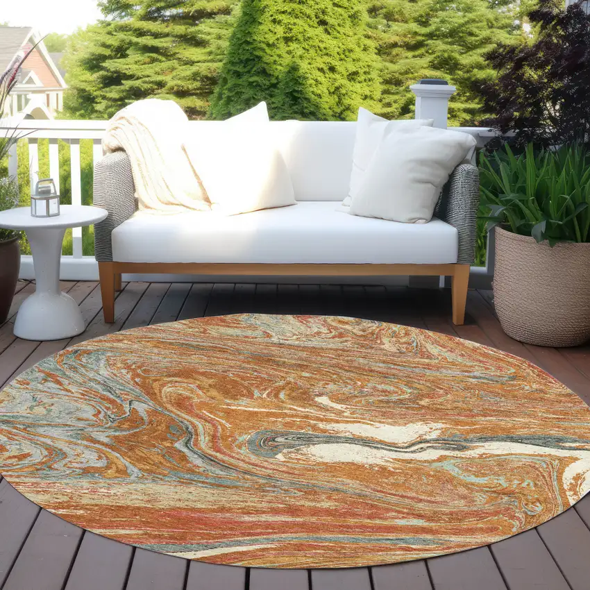 8' Brown Beige And Gray Round Abstract Washable Indoor Outdoor Area Rug Photo 8