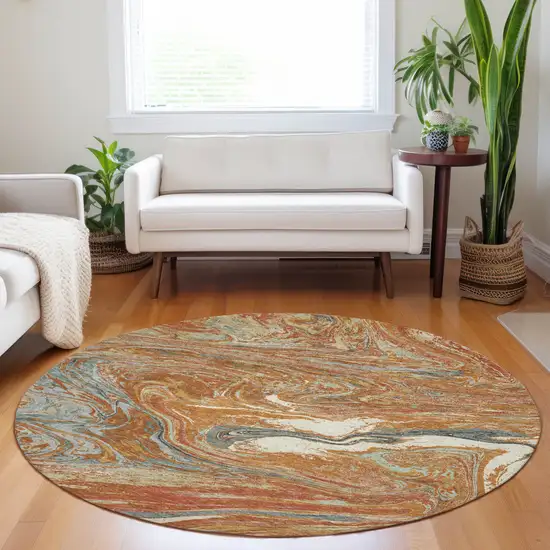 8' Brown Beige And Gray Round Abstract Washable Indoor Outdoor Area Rug Photo 9