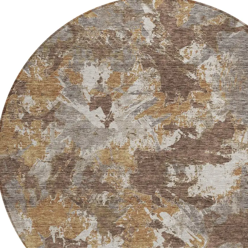 8' Brown Beige And Gray Round Floral Washable Indoor Outdoor Area Rug Photo 5
