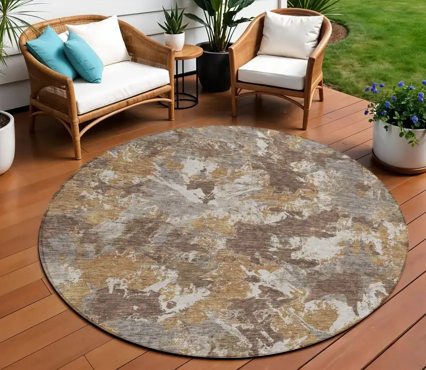 8' Brown Beige And Gray Round Floral Washable Indoor Outdoor Area Rug Photo 1