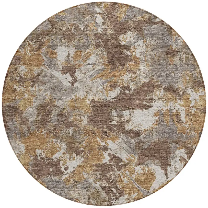 8' Brown Beige And Gray Round Floral Washable Indoor Outdoor Area Rug Photo 6