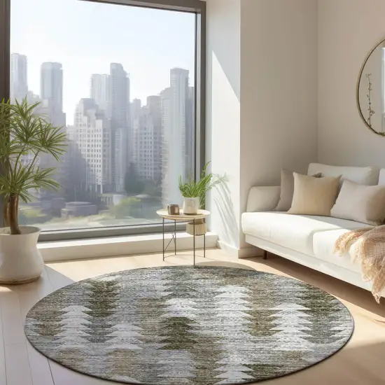 8' Brown Beige And Gray Round Geometric Washable Indoor Outdoor Area Rug Photo 7