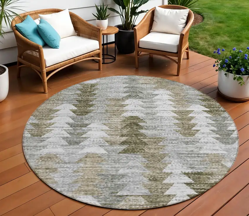 8' Brown Beige And Gray Round Geometric Washable Indoor Outdoor Area Rug Photo 1