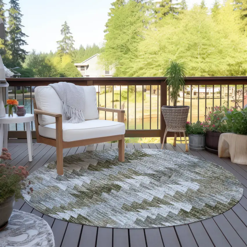 8' Brown Beige And Gray Round Geometric Washable Indoor Outdoor Area Rug Photo 6