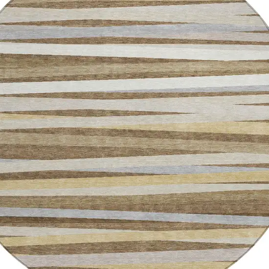 8' Brown Beige And Gray Round Striped Washable Indoor Outdoor Area Rug Photo 4