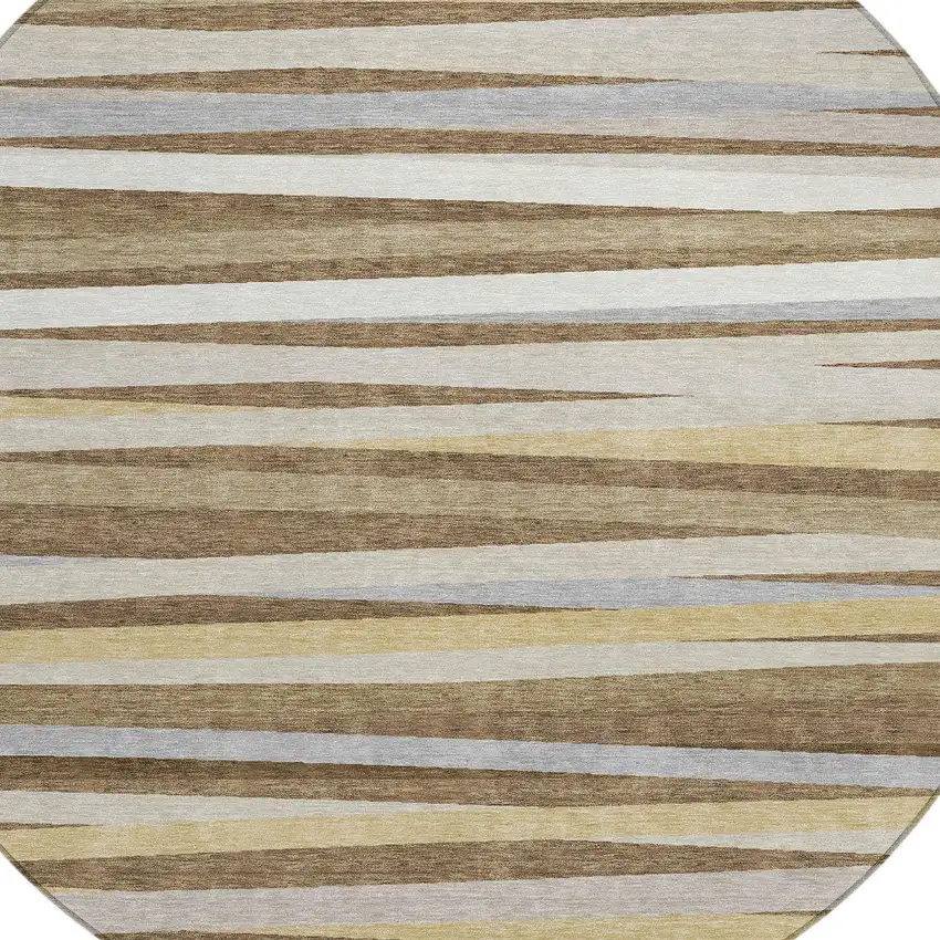 8' Brown Beige And Gray Round Striped Washable Indoor Outdoor Area Rug Photo 4