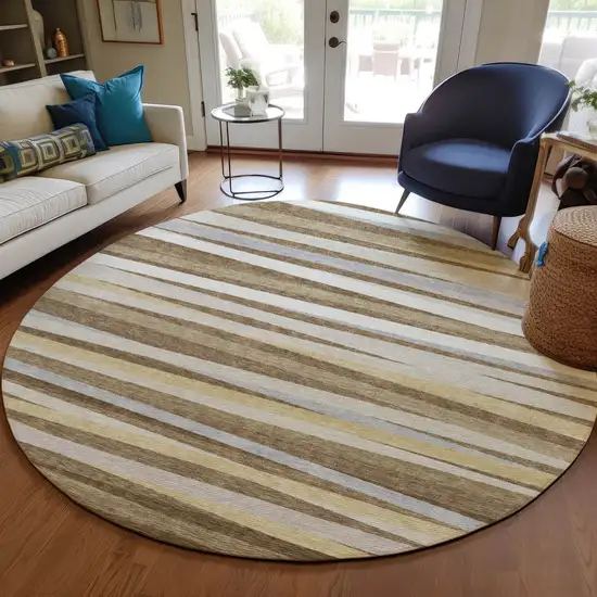 8' Brown Beige And Gray Round Striped Washable Indoor Outdoor Area Rug Photo 7