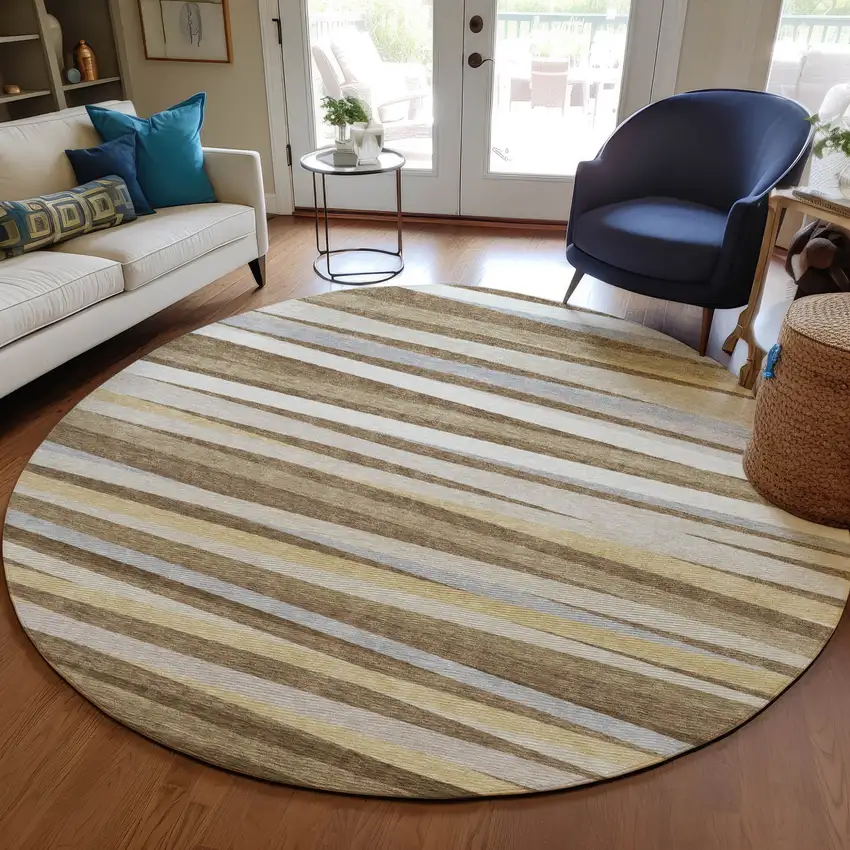 8' Brown Beige And Gray Round Striped Washable Indoor Outdoor Area Rug Photo 7