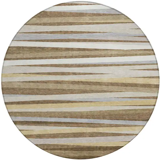 8' Brown Beige And Gray Round Striped Washable Indoor Outdoor Area Rug Photo 2