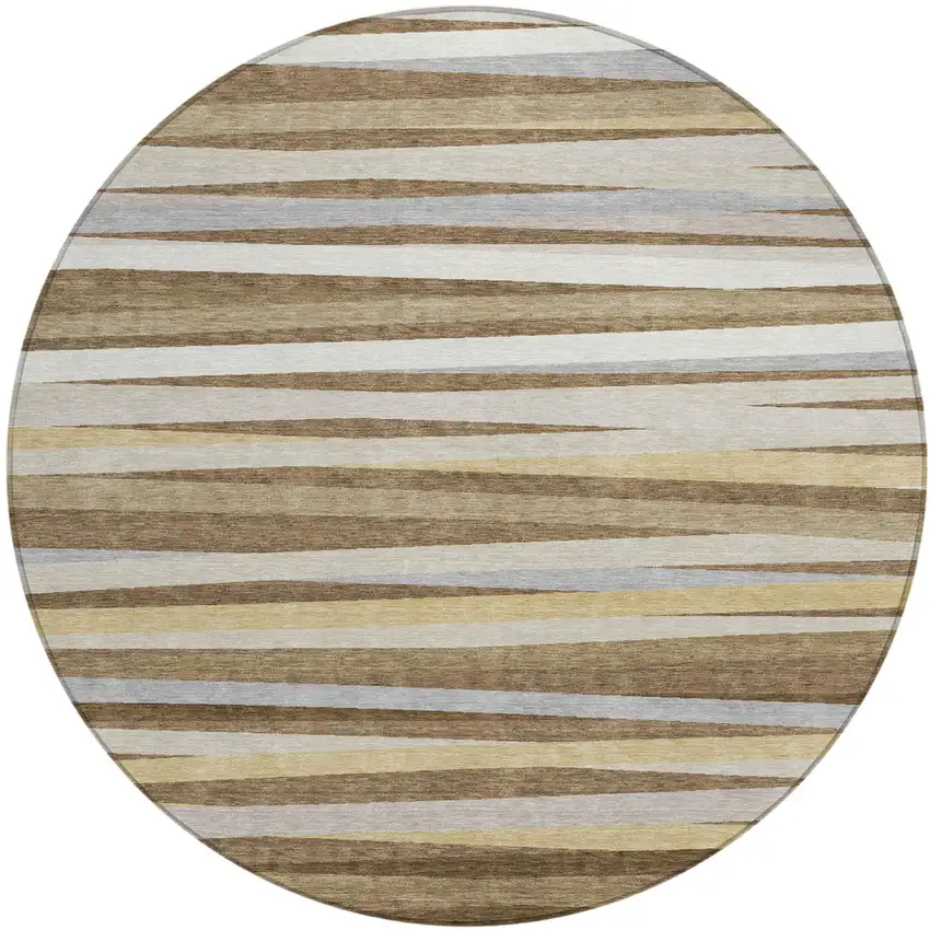 8' Brown Beige And Gray Round Striped Washable Indoor Outdoor Area Rug Photo 2