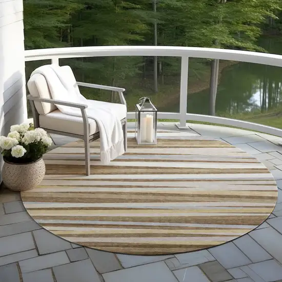 8' Brown Beige And Gray Round Striped Washable Indoor Outdoor Area Rug Photo 6