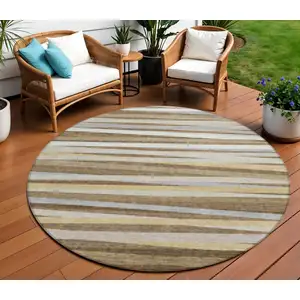 Photo of 8' Brown Beige And Gray Round Striped Washable Indoor Outdoor Area Rug