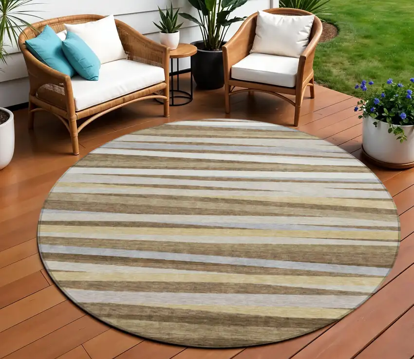 8' Brown Beige And Gray Round Striped Washable Indoor Outdoor Area Rug Photo 1
