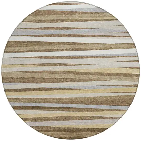 8' Brown Beige And Gray Round Striped Washable Indoor Outdoor Area Rug Photo 5