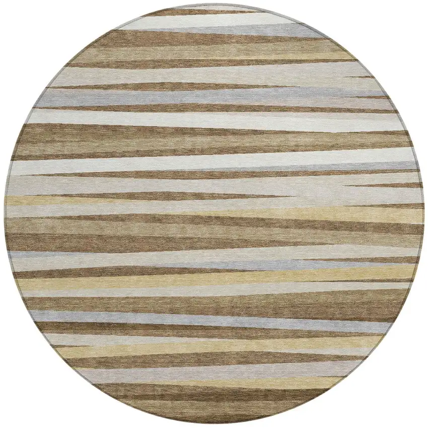 8' Brown Beige And Gray Round Striped Washable Indoor Outdoor Area Rug Photo 5