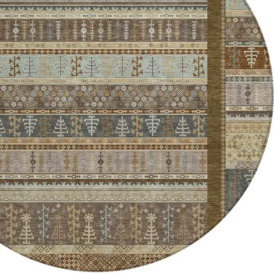 8' Brown Beige And Gray Round Striped Washable Indoor Outdoor Area Rug Photo 5