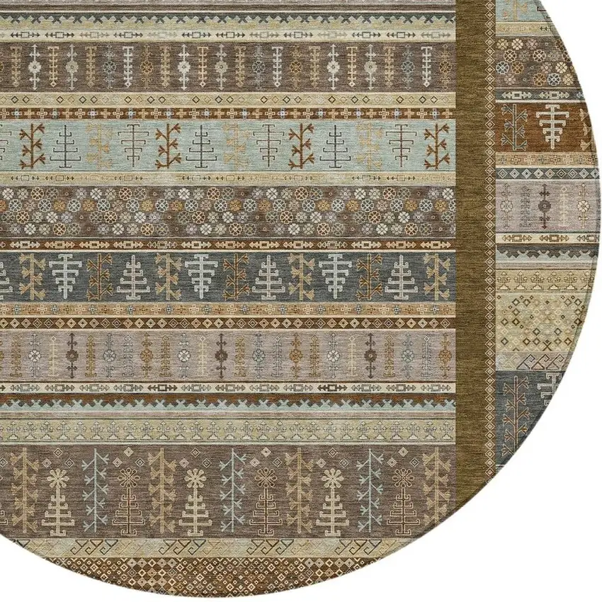 8' Brown Beige And Gray Round Striped Washable Indoor Outdoor Area Rug Photo 5