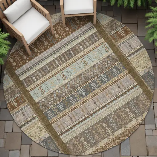 8' Brown Beige And Gray Round Striped Washable Indoor Outdoor Area Rug Photo 7