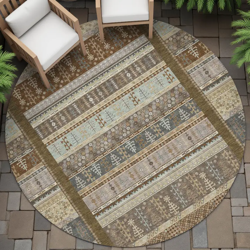 8' Brown Beige And Gray Round Striped Washable Indoor Outdoor Area Rug Photo 7