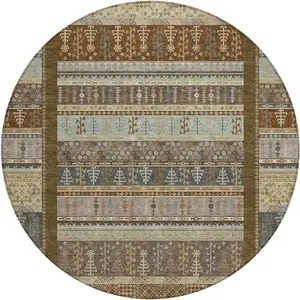 Photo of 8' Brown Beige And Gray Round Striped Washable Indoor Outdoor Area Rug