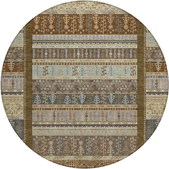 8' Brown Beige And Gray Round Striped Washable Indoor Outdoor Area Rug Photo 1